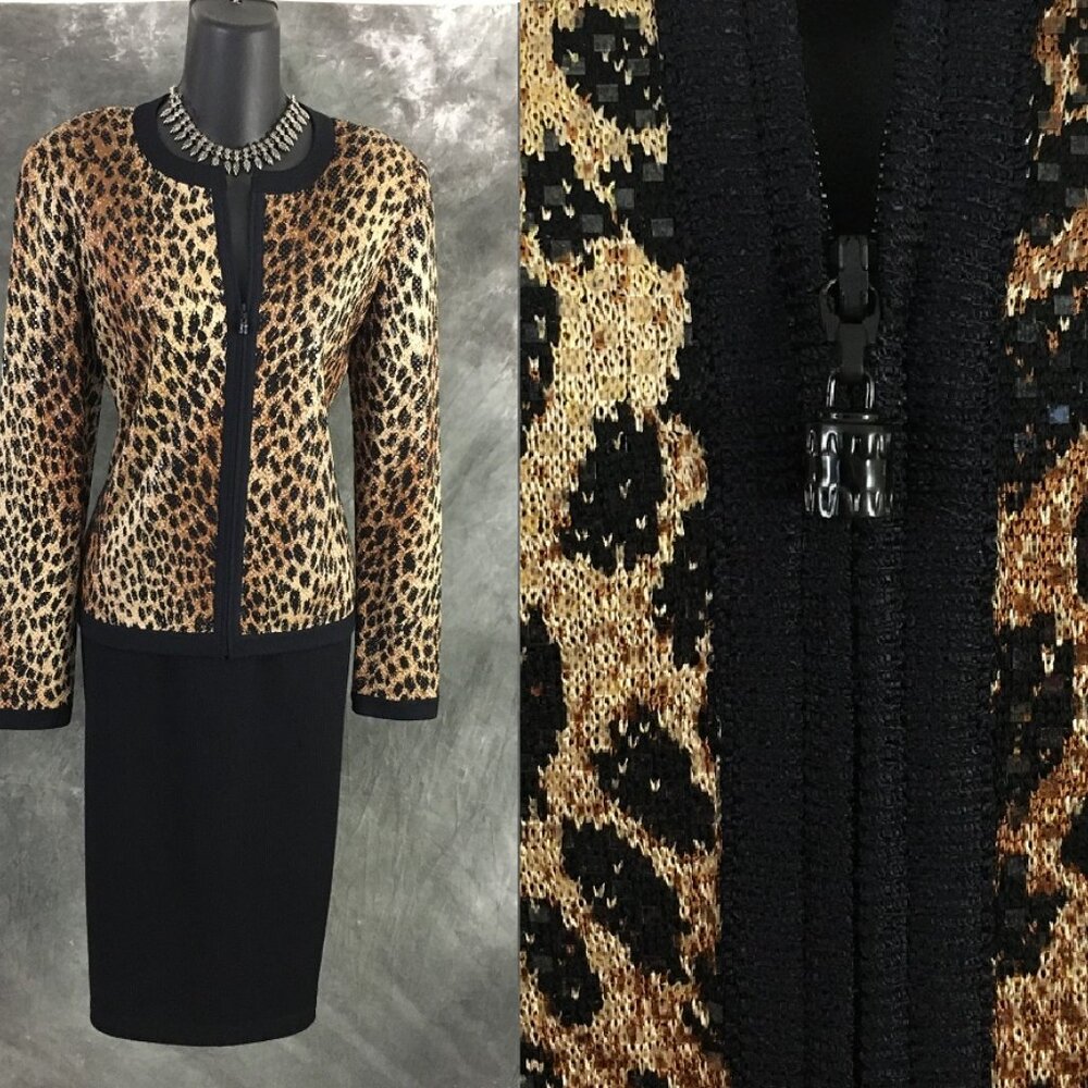 BEAUTIFUL st john knit beige tan black embellished evening jacket skirt suit 8